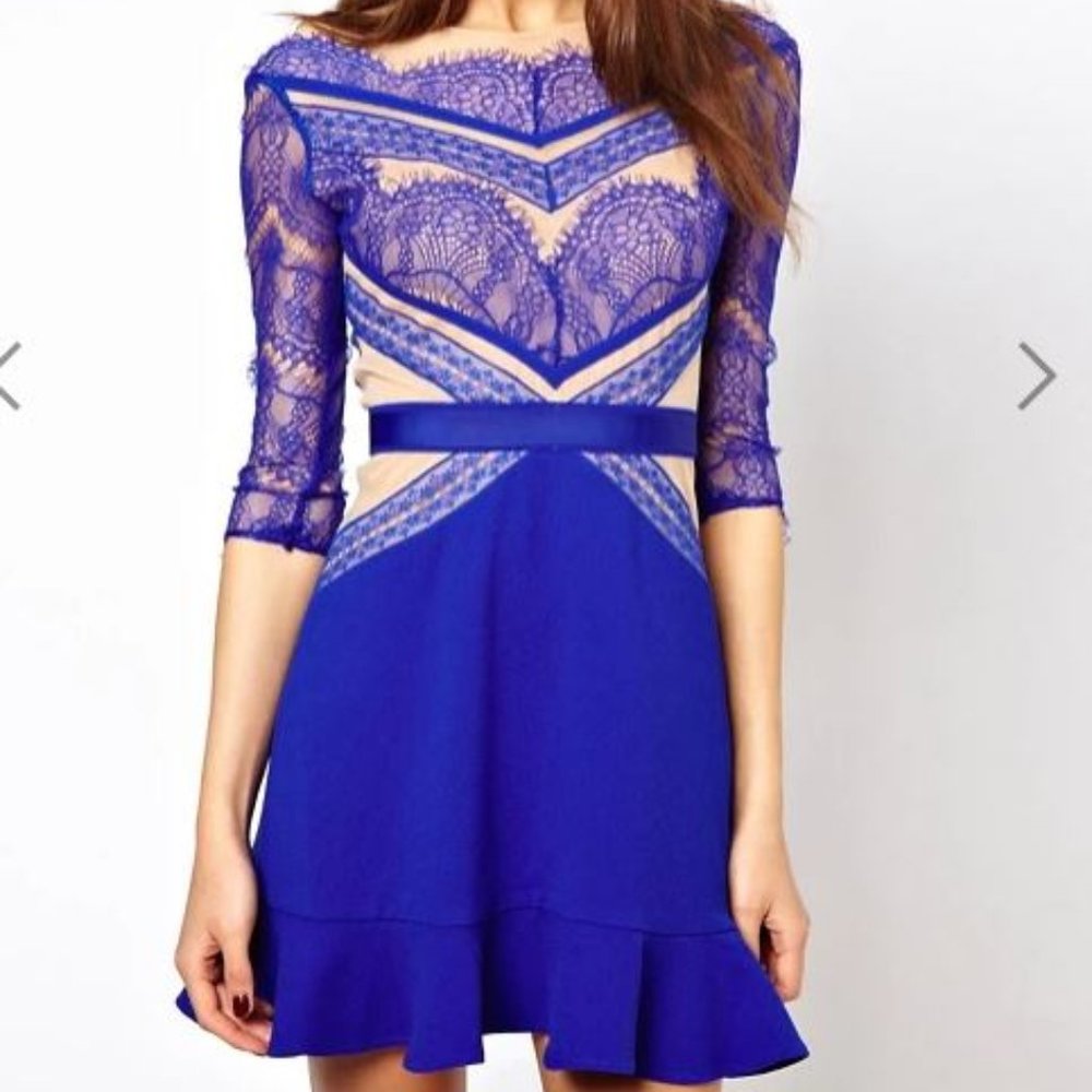 ASOS blue lace mini mermaid Cocktail Ribbon Dress
